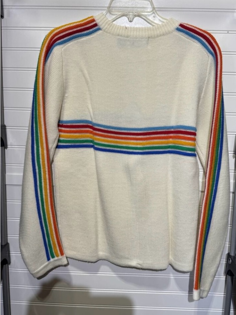 Cream Crewneck Sweater with Rainbow Stripe